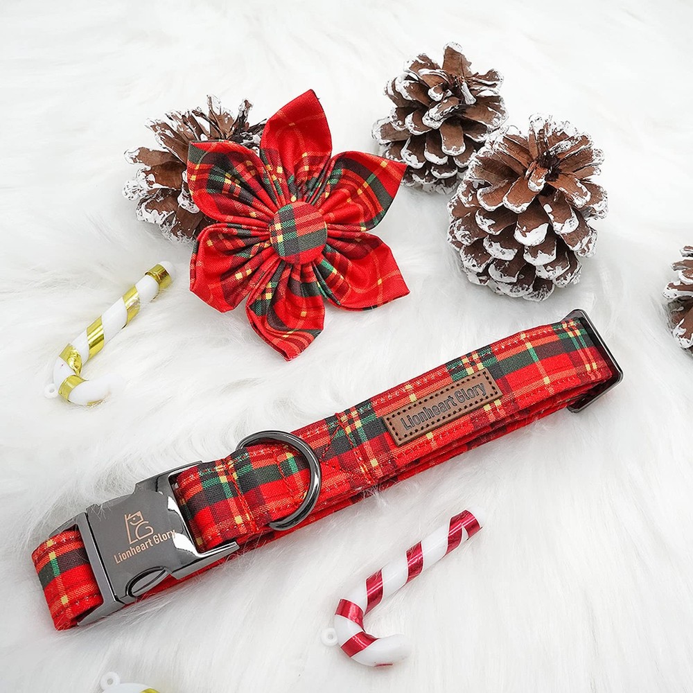 Christmas Dog Collar Flower Plaid Pattern Adjustable Medium Dogs