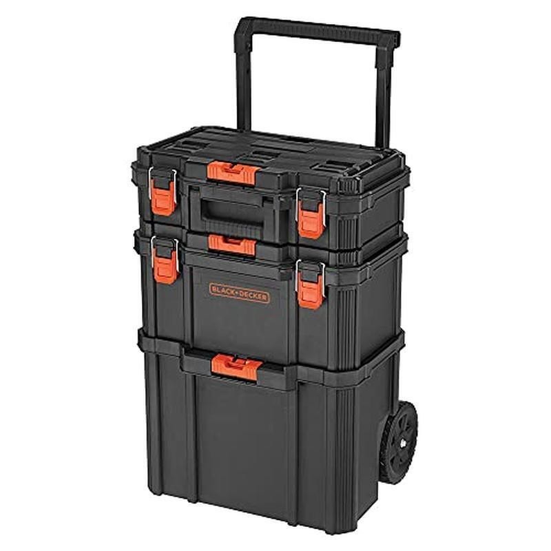 Stackable Storage System 3 Compartments Toolbox Rolling Tote Quick Access ‎Black