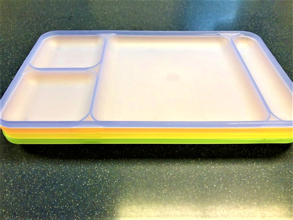 4 RETRO COLORED TUPPERWARE PLASTIC DIVIDED TRAY LUNCH TV STACKABLE CAMPING