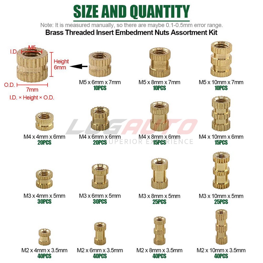 370Pcs Female Thread Solid Brass Knurled Nuts Threaded Insert Embedment M2-M5