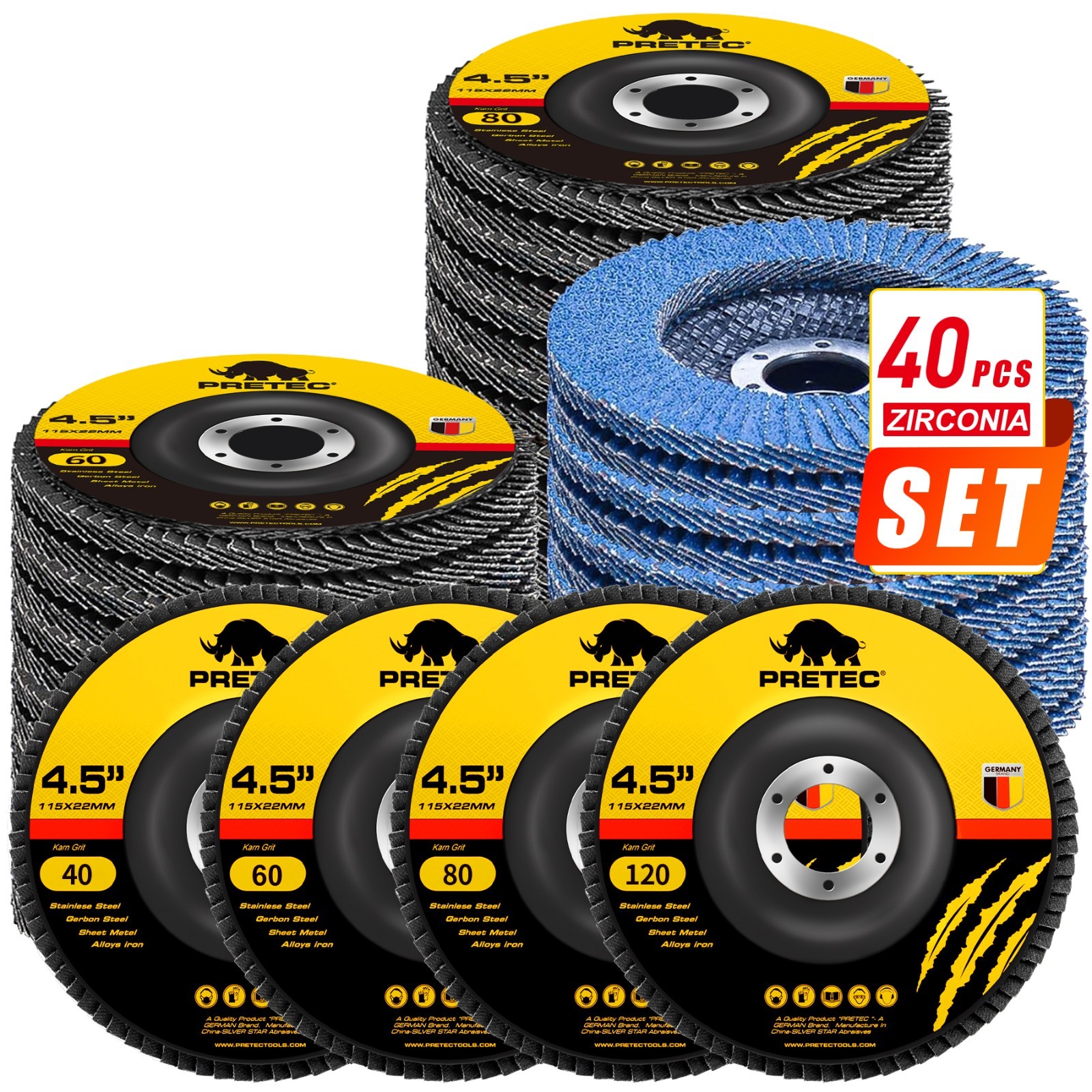 40 Pack 4.5" 4-1/2" Zirconia Flap Disc 40 60 80 120 Grit Sanding Grinding Wheels