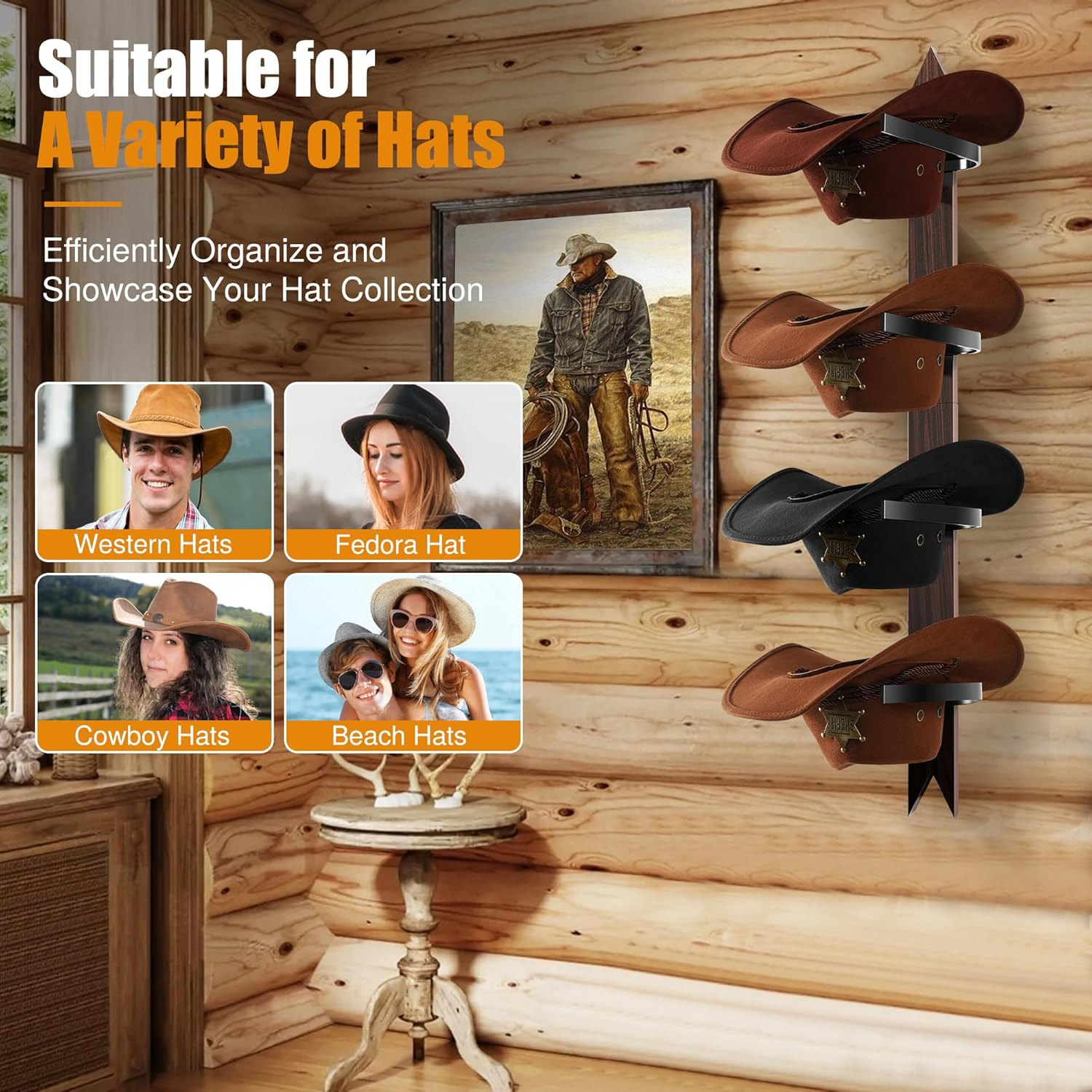 Cowboy Hat Rack Holder Wall Mount Holds up to 4 Hats Wooden Western Rustic Metal