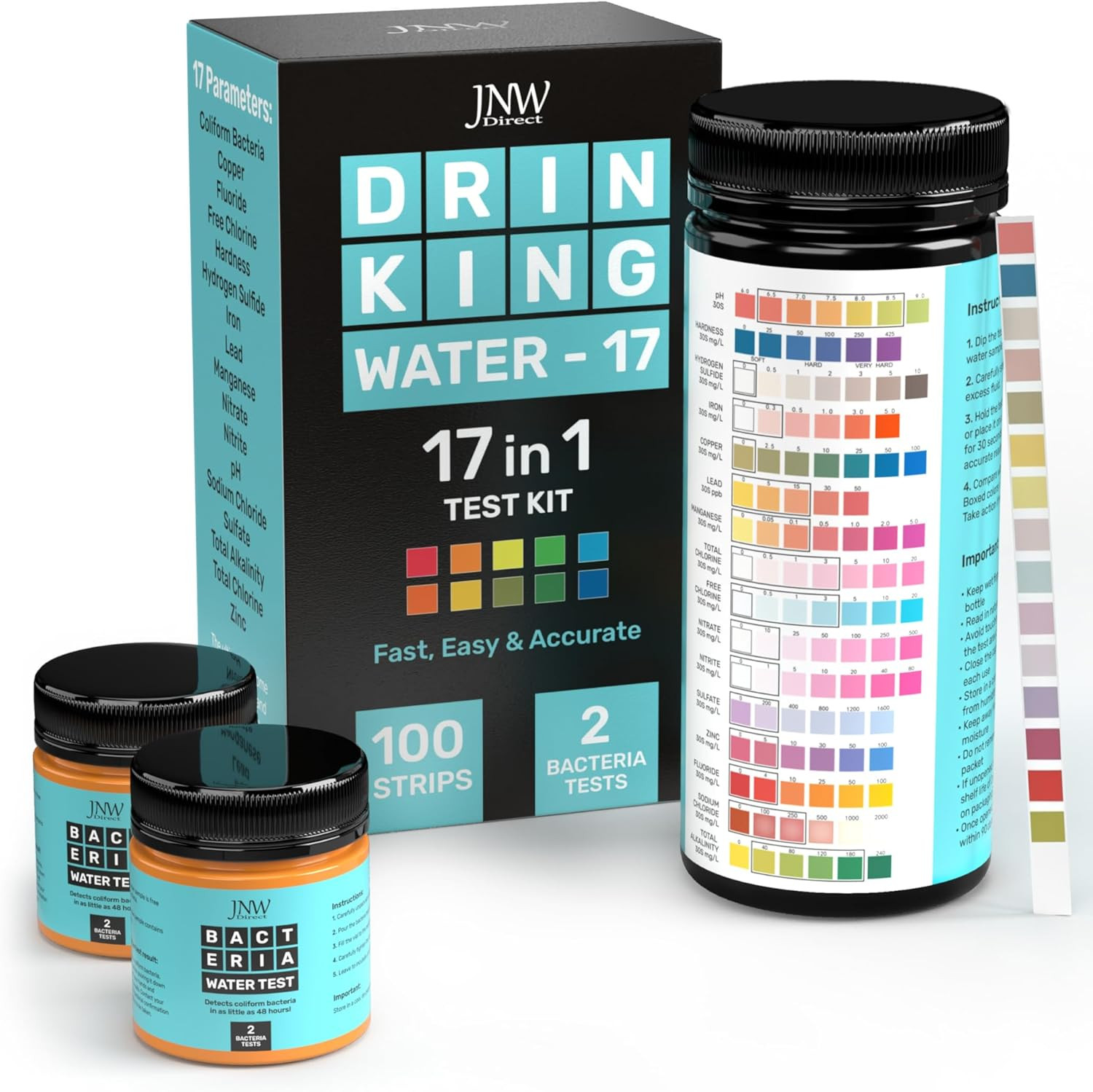 17-in-1 Drinking Water Test Kit - 100 Strips + 2 Bacteria Tester Kits - Well, Ta