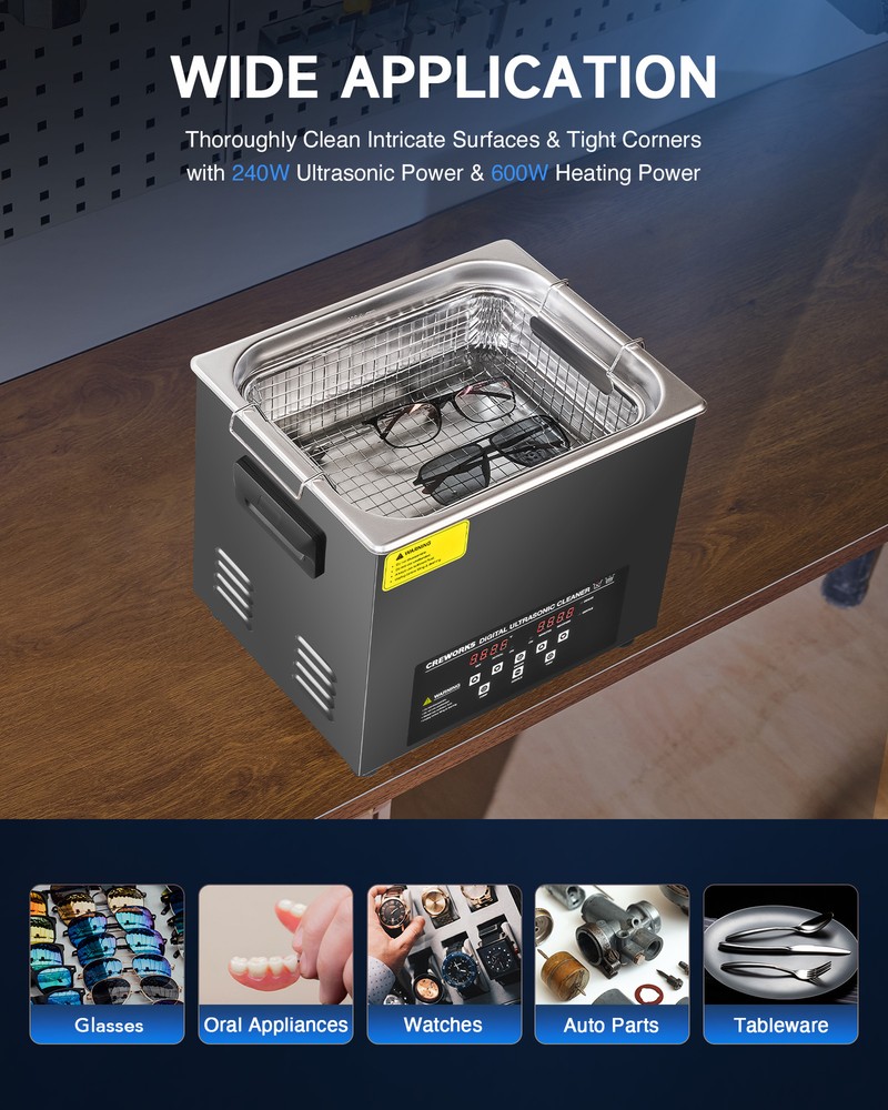CREWORKS 10L Digital Sonic Cleaner with Control Panel 600W Heater & Degas Mode