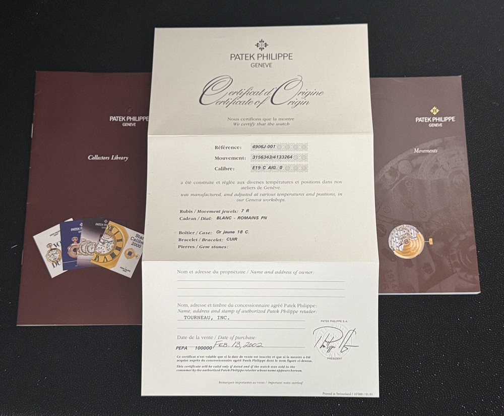 PATEK PHILIPPE LEATHER FOLDER with CERTIFICATE & MOVEMENTS BOOKLET & PAMPHLET