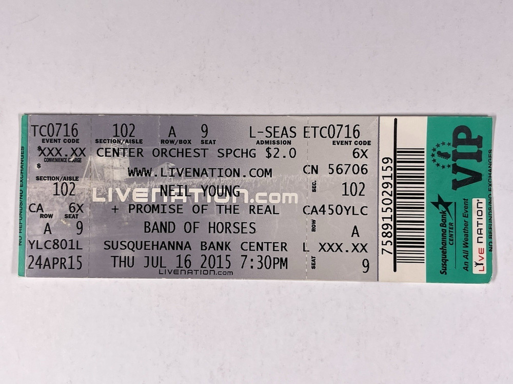 Neil Young Unused VIP Ticket Original Live Nation July 16th 2015