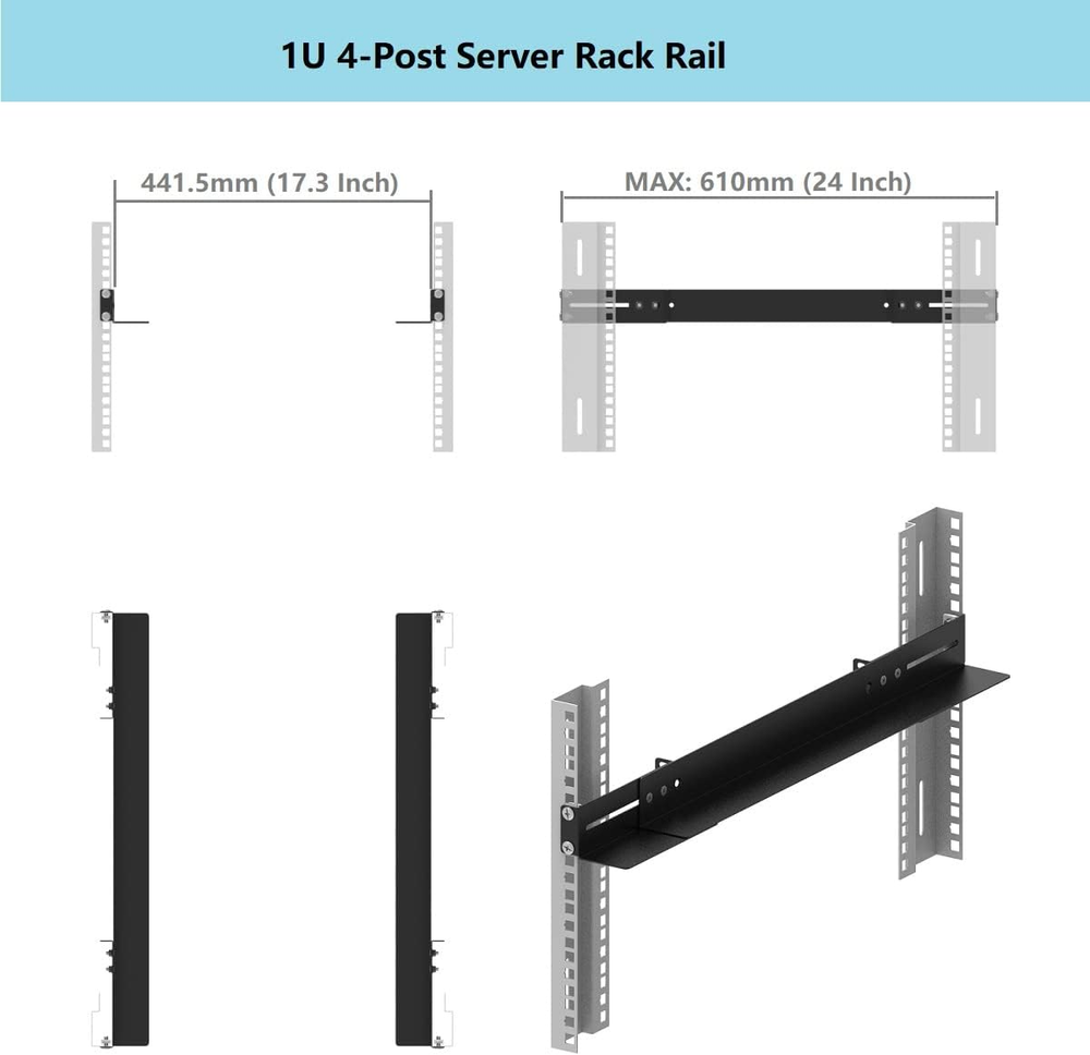 1U 19 Inch Server Rack Rails 15-24 Inch Adjustable Depth Universal 4 Post Rack M