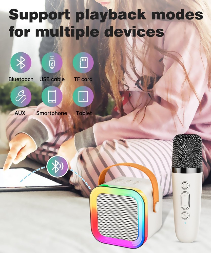 Mini Karaoke Machine Speaker Bluetooth 5.0 - 2 Wireless Mics, 5-7 Hour Battery