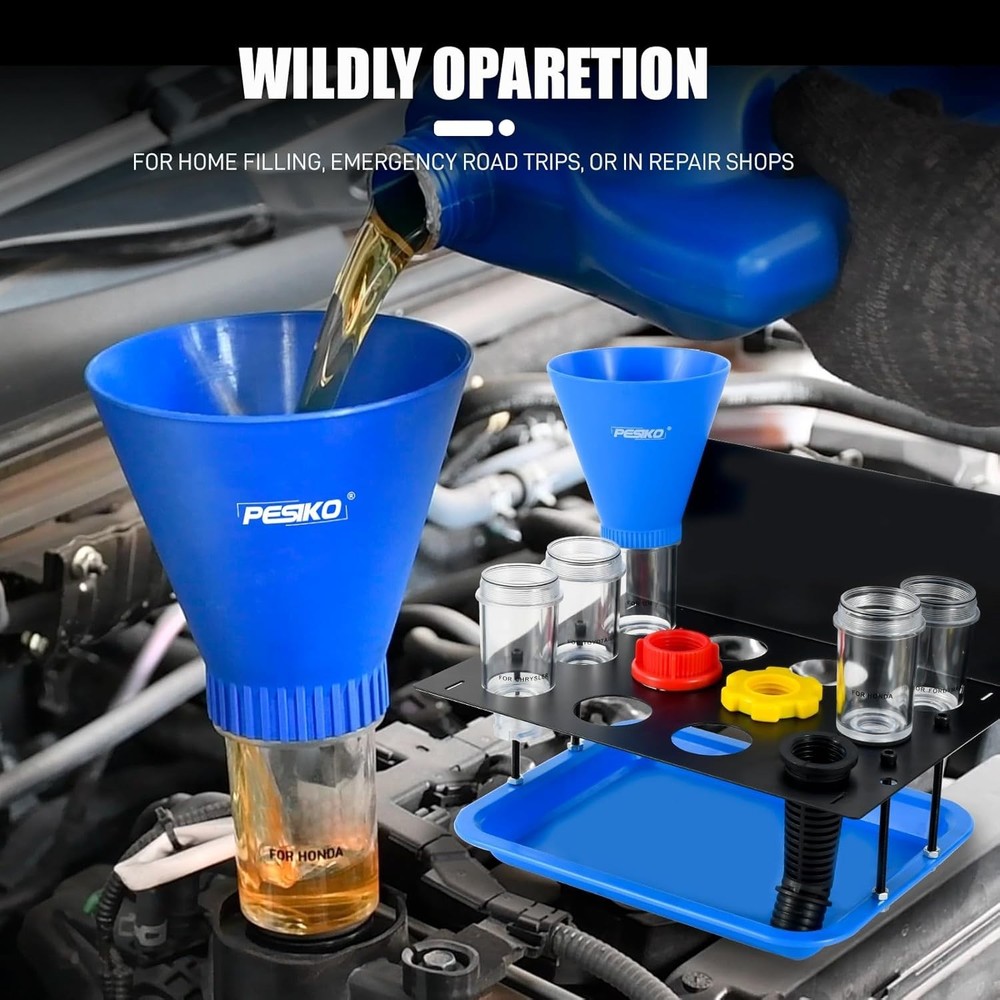 Hands-Free Oil Change Funnel Set - Clear, Durable & Space-Saving Storage Rack