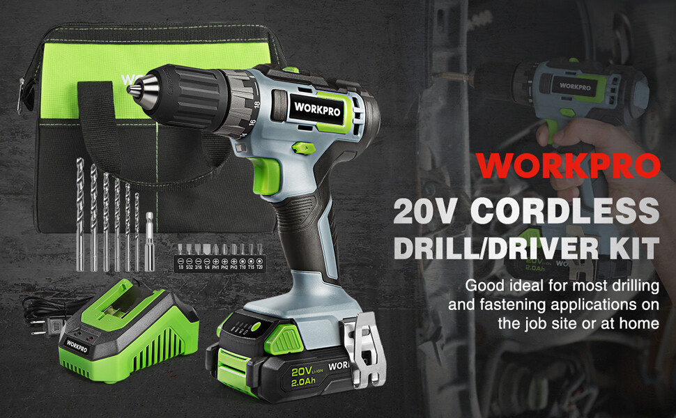 WORKPRO 20V Cordless Drill Driver Kit Keyless Chuck Storage Bag&2.0Ah Battery