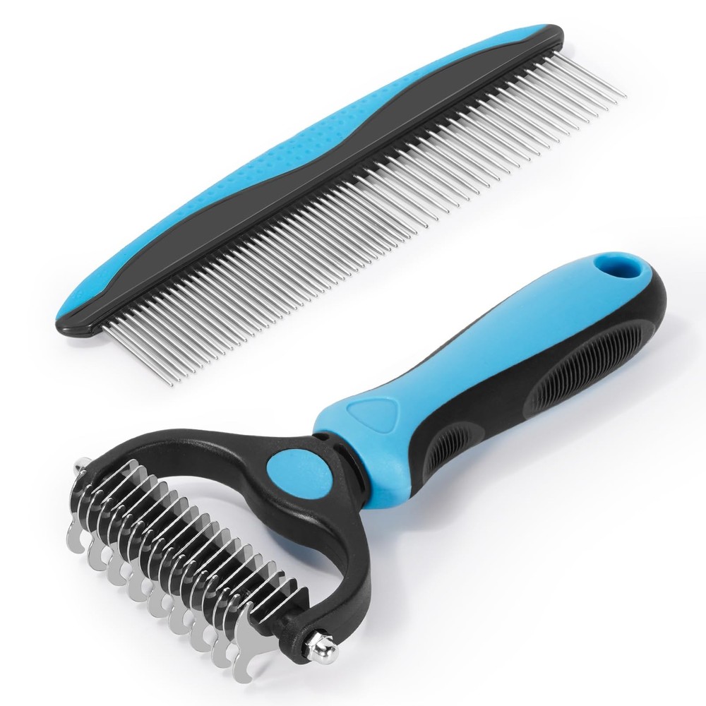 Daxguard 2-in-1 Pet Grooming Kit-Double-Sided Dematting Comb & Flea 2Pcs Blue