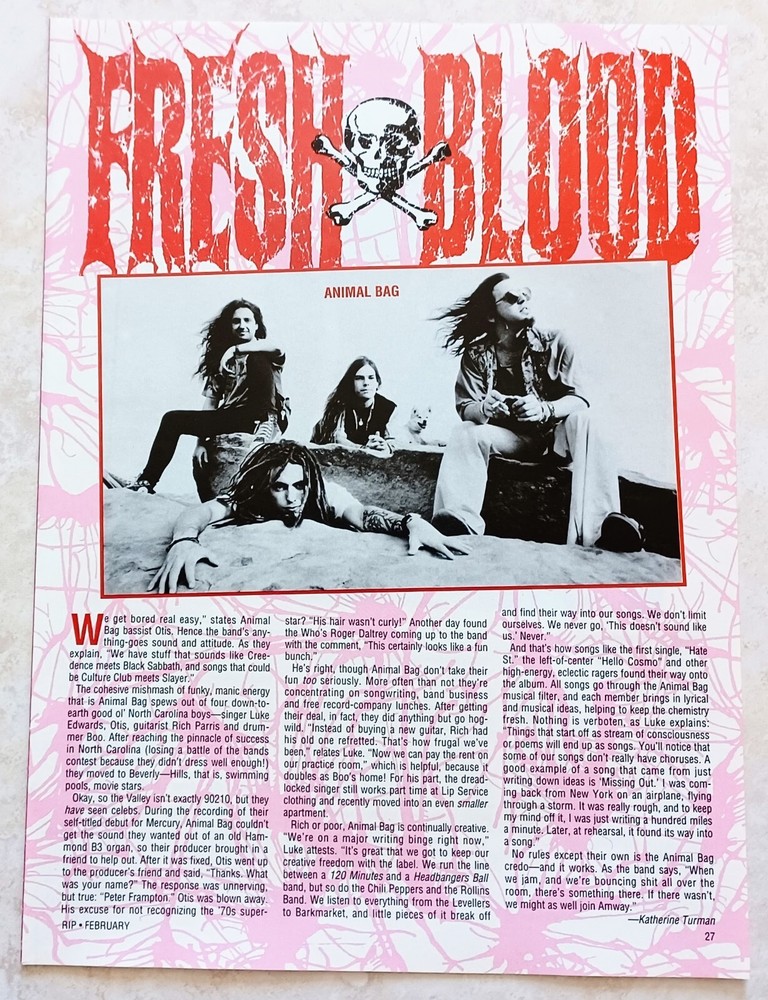 ANIMAL BAG~1993 POSTER~FULL PAGE MAGAZINE PINUP ARTICLE CLIPPING~LUKE EDWARDS