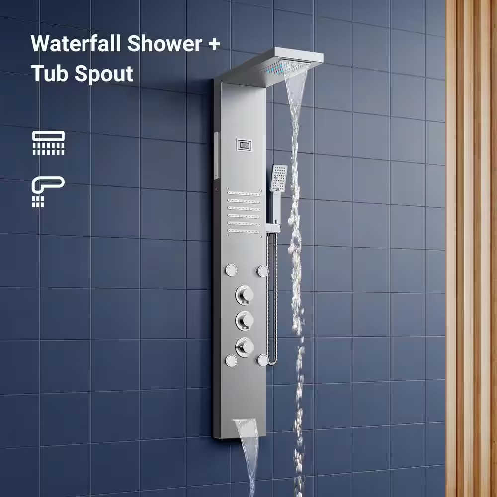 55 In. 6-Jet LED Rainfall Waterfall Shower Panel System with Adjustable Hand Bod