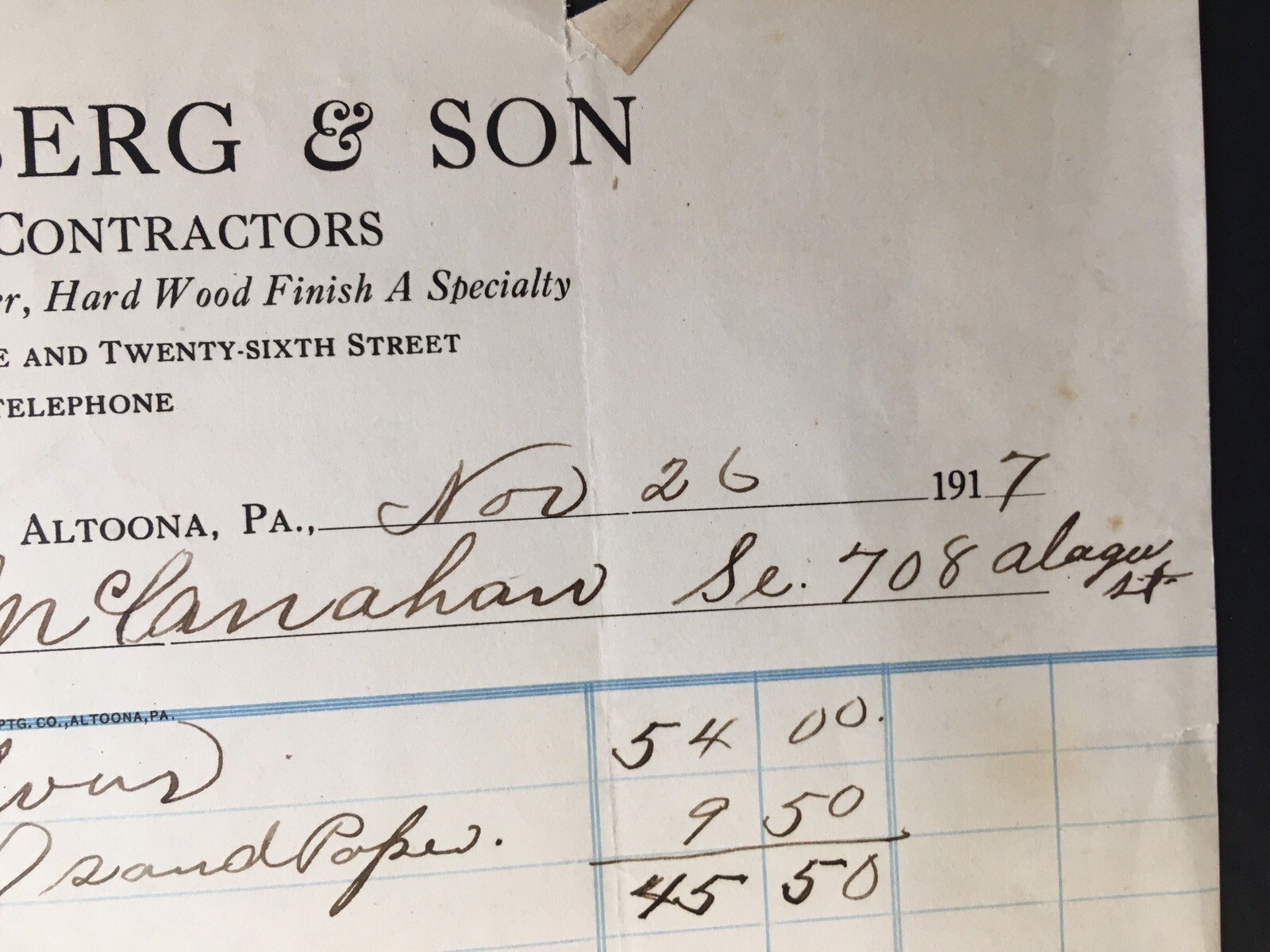 J.K. Isenberg & Son General Contractors Billhead 1917 Altoona Pennsylvania