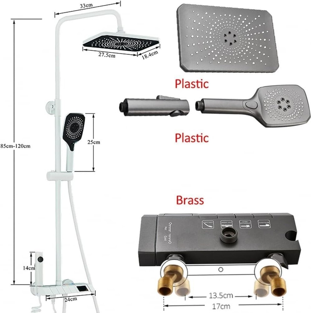 Black Bathroom Shower System w/ Digital Display Exposed Rainfall Shower Fixture