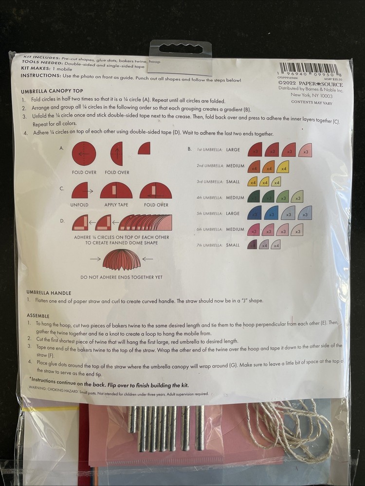 Paper Source ~ Rainbow Umbrella Mobile Kit~ New Sealed!