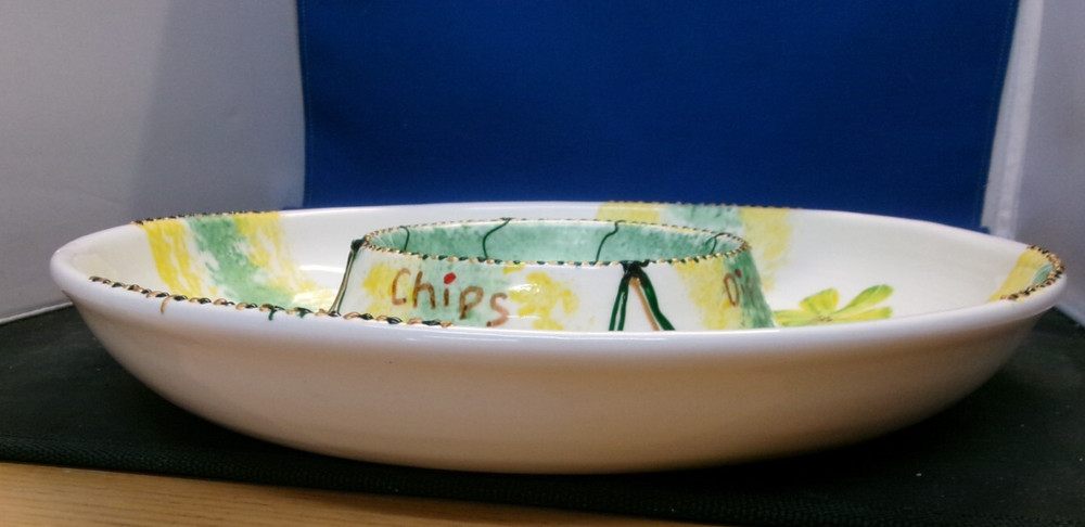 Large, Ceramic Serving Dish, by Johanna Watts 2009, Chips & Dips, signed. H2