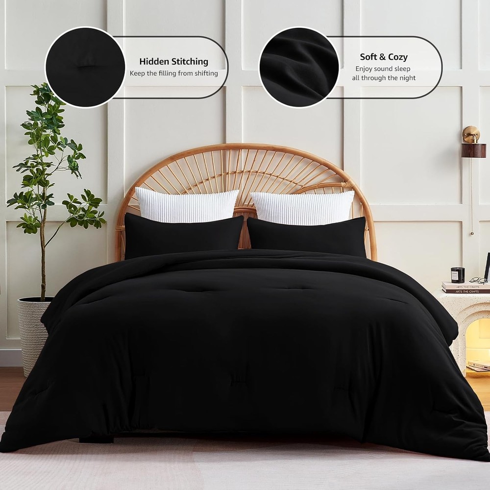 Queen Comforter Set Black 1 Comforter & 2 Pillowcases Quilted Soft Microfiber