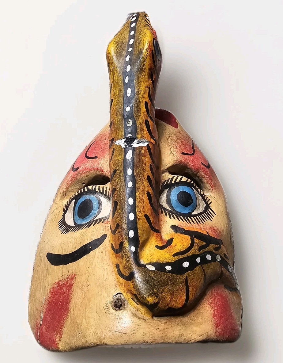 Vintage Wooden Snake Man Animal Mask Mexican Folk Art Hand Carved Hand Painted