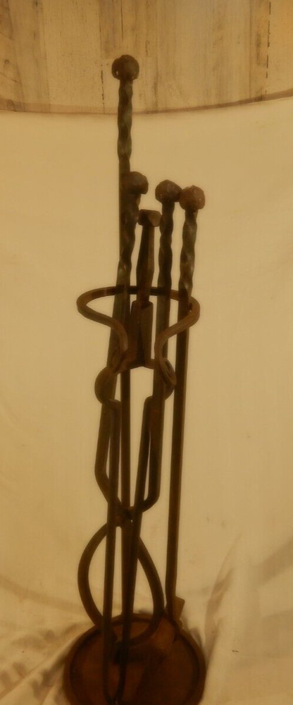 Brutalist Hand Wrought Fire Place Tools And Stand