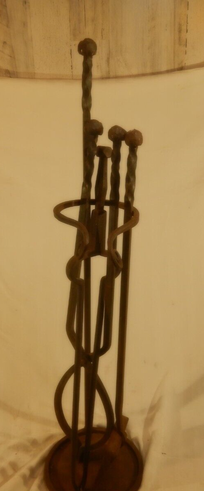 Brutalist Hand Wrought Fire Place Tools And Stand