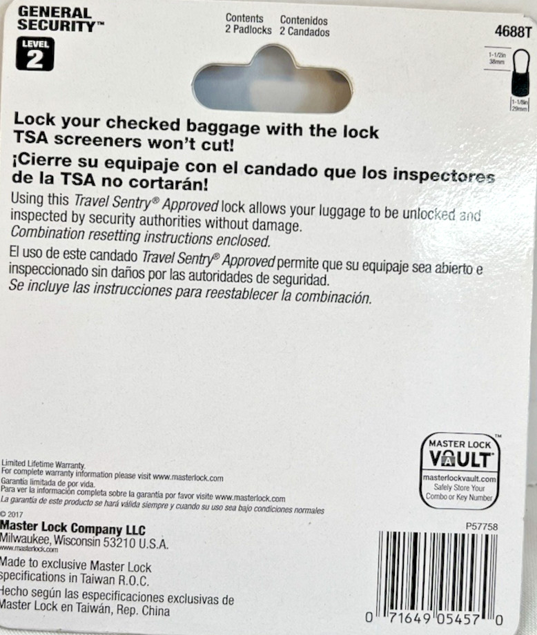 Brand New Master Lock 4688T Padlock Set, Blue- 2 Pack Combination Level 2