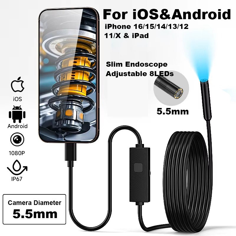 5.5mm Small head Camera For iOS iPhone 17/16/15/14 Android Endoscope Waterproof