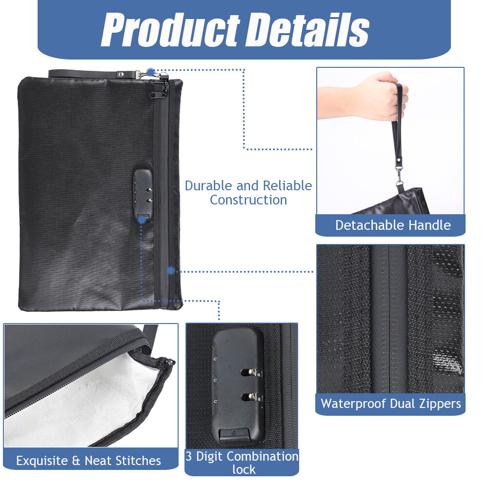 Fireproof Document Money Bag with Lock Waterproof Envelope Safe Pouch Storage