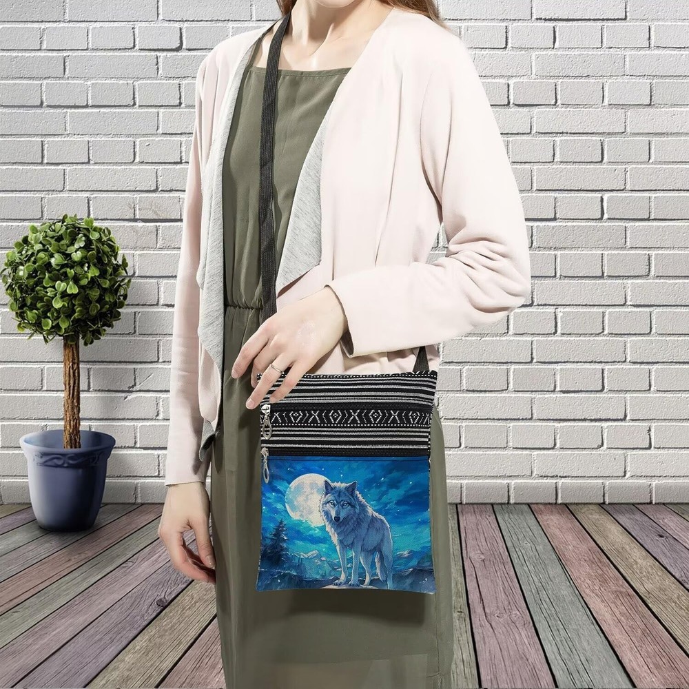 Moon Wolf Messenger Bag - Small Ethnic Pattern Printed Adjustable Strap Cross...