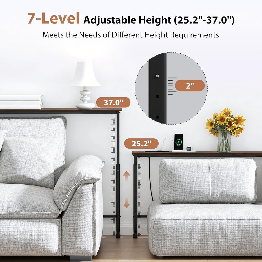 2 Pack Adjustable Height Narrow Console Table with Power Outlets, 70" Long Sofa