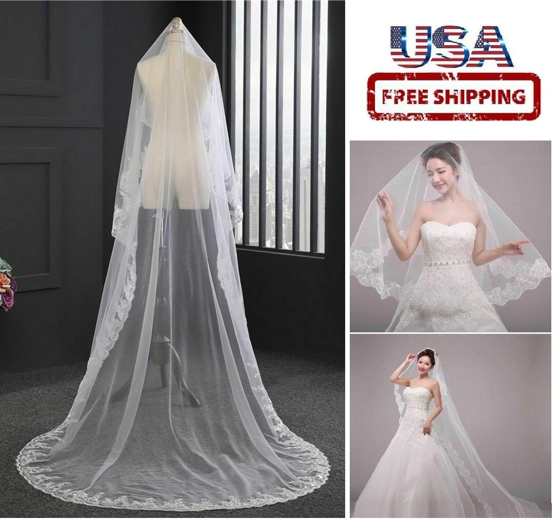 10Ft Long White Wedding Bridal Veils with Embroidery Lace Edge Bride Supplies US