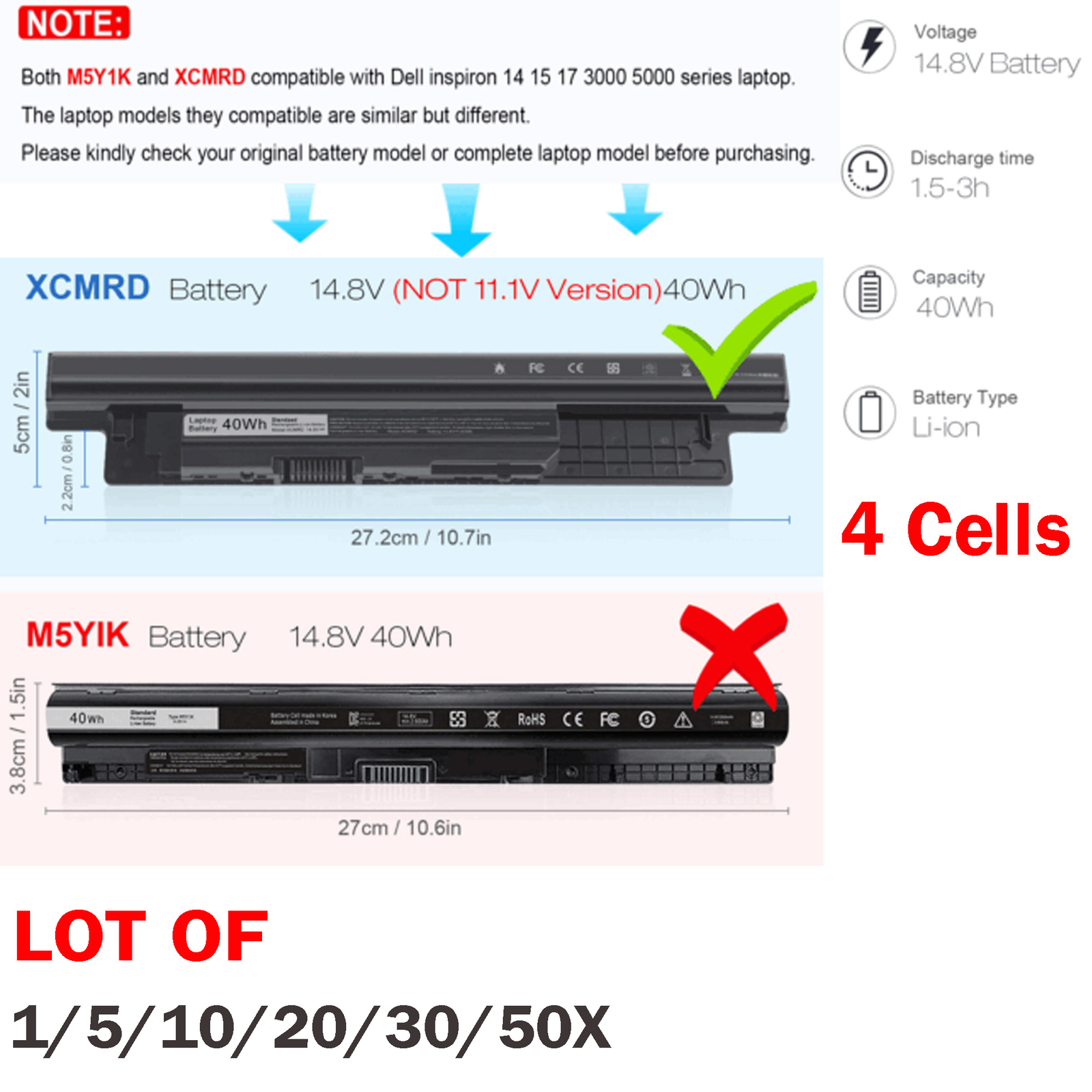 ✅LOT 50X XCMRD Battery For Dell Inspiron 15 3000 15-3542 15-3543 15-3541 15-3531