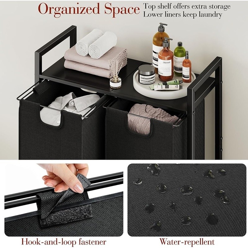Dual Compartment Laundry Hamper W/ Pull-Out Bags Shelf Organizer Durable Fabric