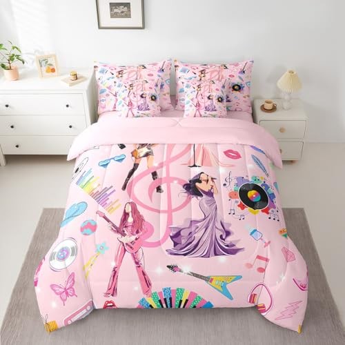Kids Music Singer Comforter Set with Sheets Size, Rock Music Twin Pink Purple