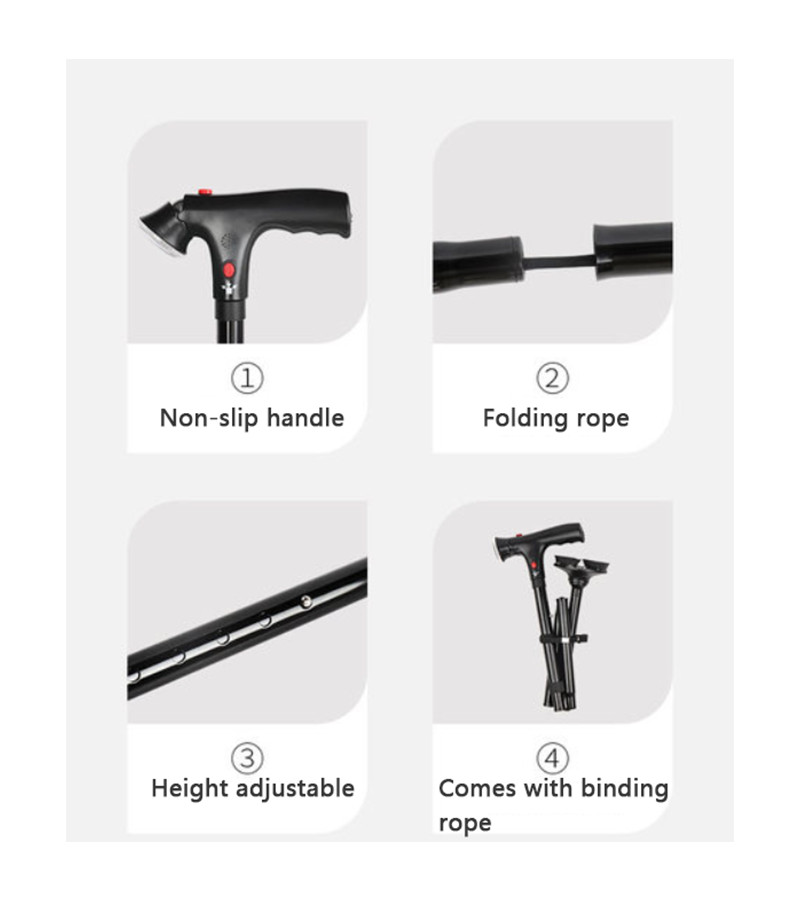 Folding Adjustable Walking Stick Cane with LED Torch & Alarm button Strap Handle