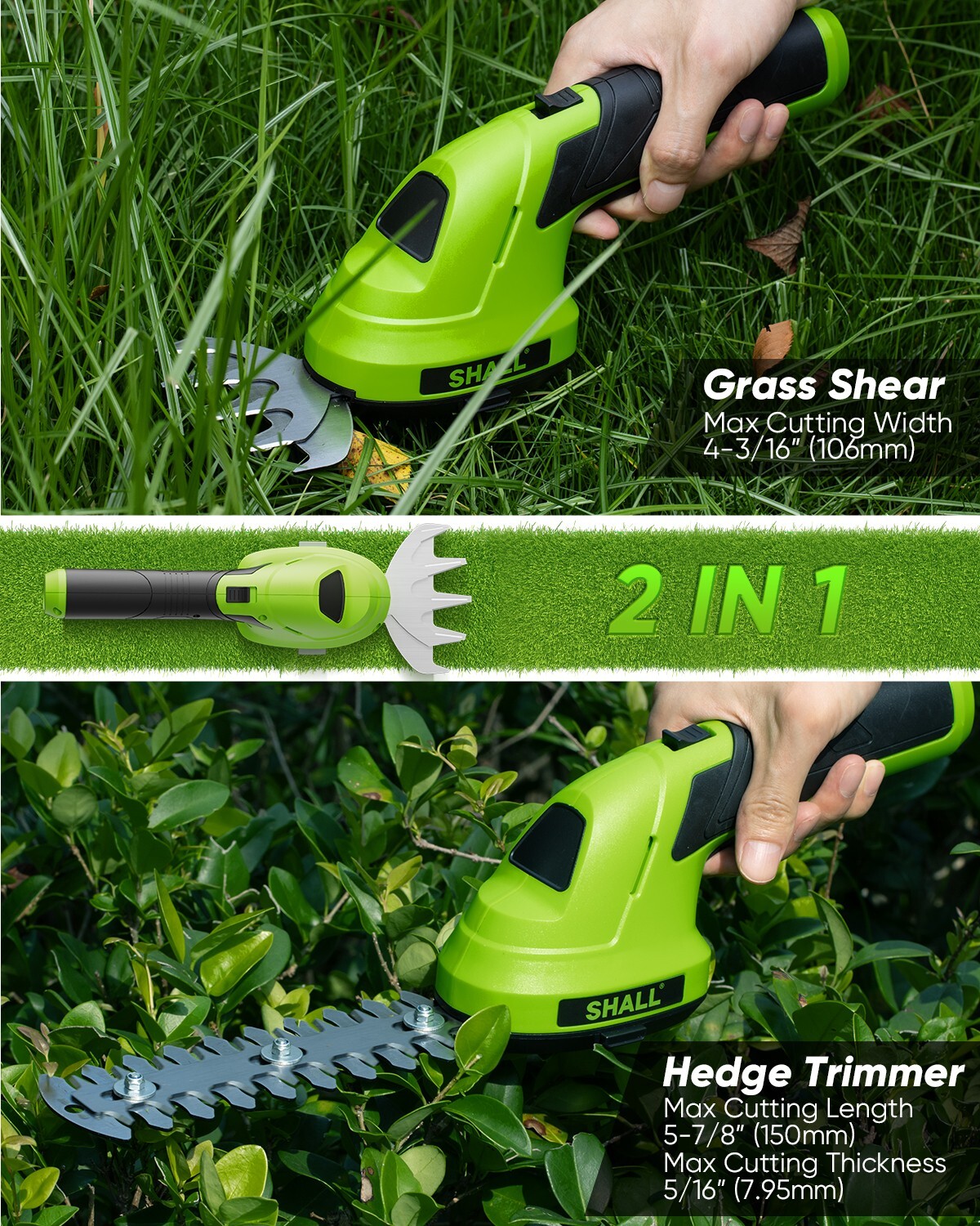 SHALL 2 in 1 Cordless Grass Shear & Hedge Trimmer - 7.2V Electric Bush Trimmer