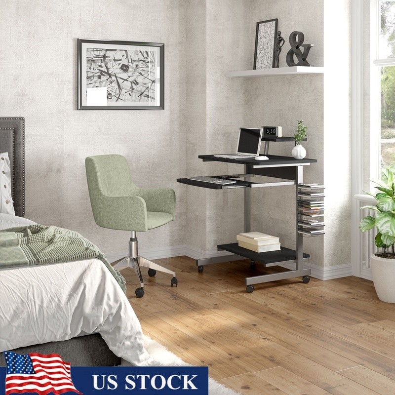 Mobile Workstation Compact Rolling Computer Cart Adjustable Shelf Keyboard Tray