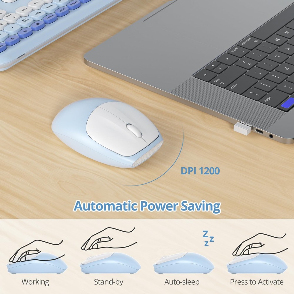 Gradient Blue Wireless Keyboard and Mouse Combo Retro Typewriter Full Size