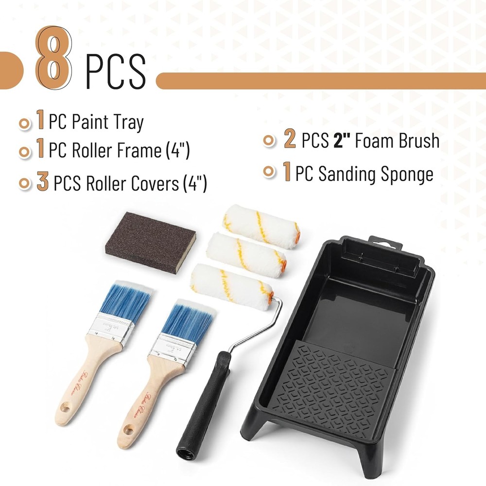 Bates- 4 Inch Paint Roller Kit, 8 pcs, 1x Plastic Paint Tray, 1x Roller Frame 4"