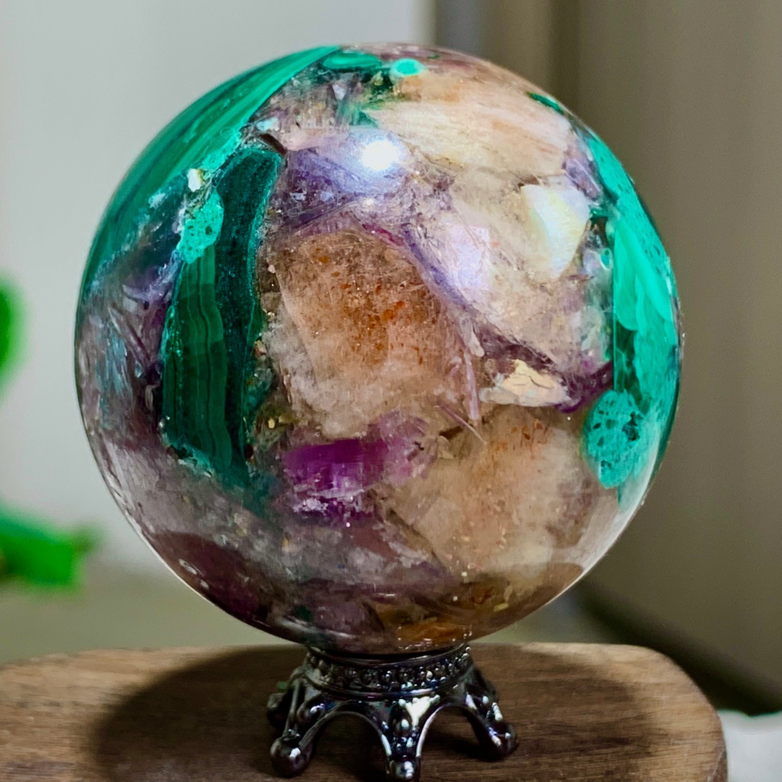 94G Newly discovered rare malachite purple mica symbiotic sphere restoration
