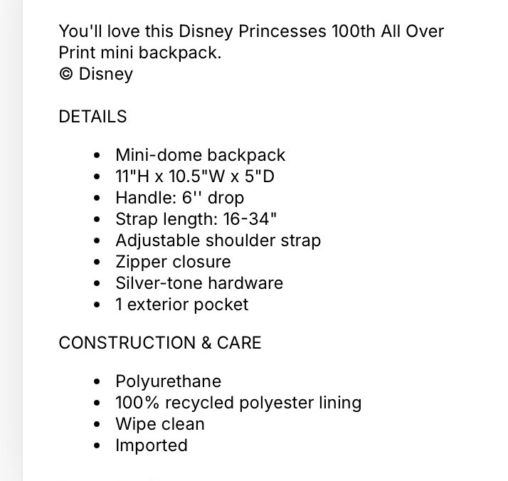 Disney Princesses 100th All Over Print Mini Backpack-NWT