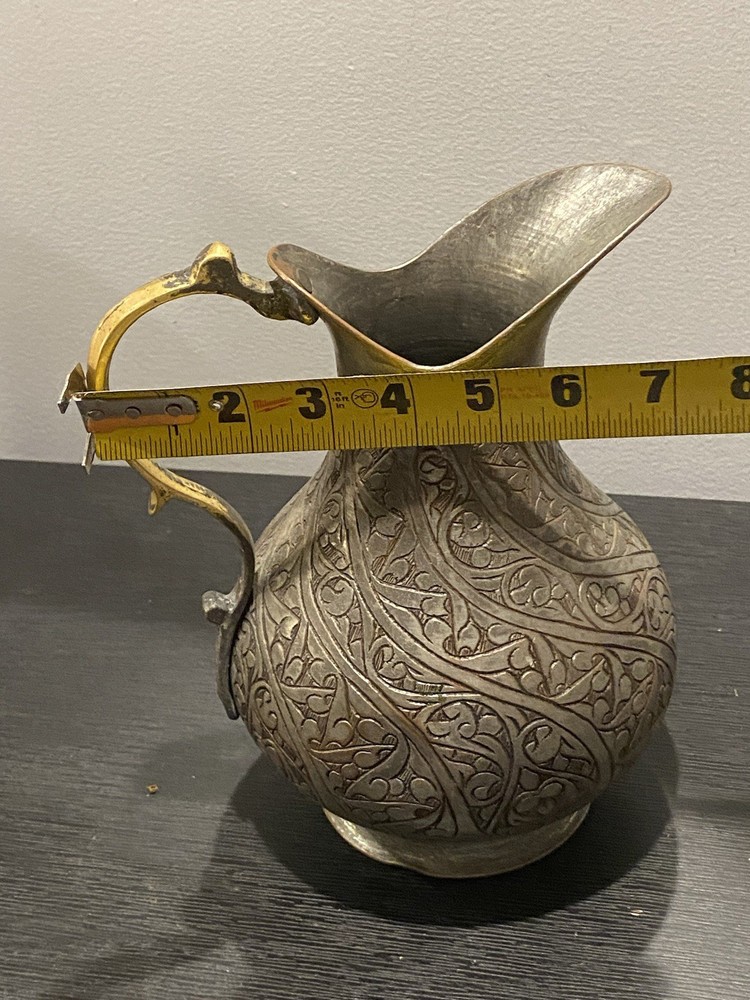 Antique Hand Crafted Etched Copper Tone Middle Eastern Pitcher