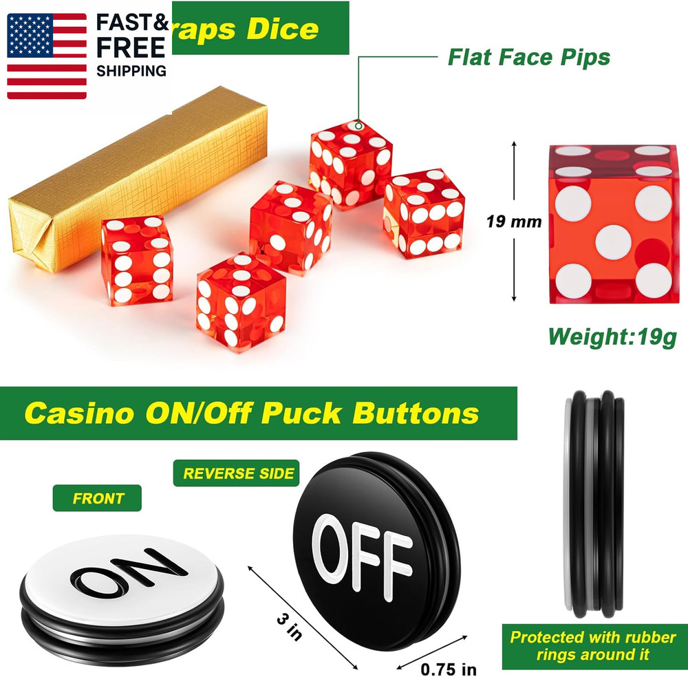 Craps Tabletop Game Set, Includes 35" X 70" Rubber Craps Tabletop Layout Mat, 36
