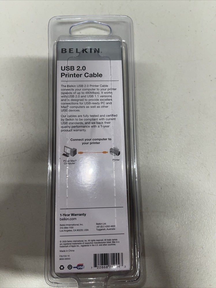 BELKIN USB 2.0 Printer Cable 10’ Connect Computer To Printer PC Mac-FREE SHIP