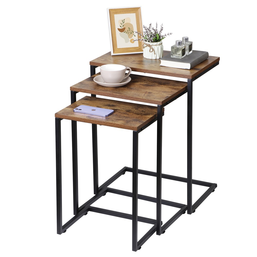 Nesting Coffee Table Set of 3 Industrial Stacking Accent End Table Rustic Brown