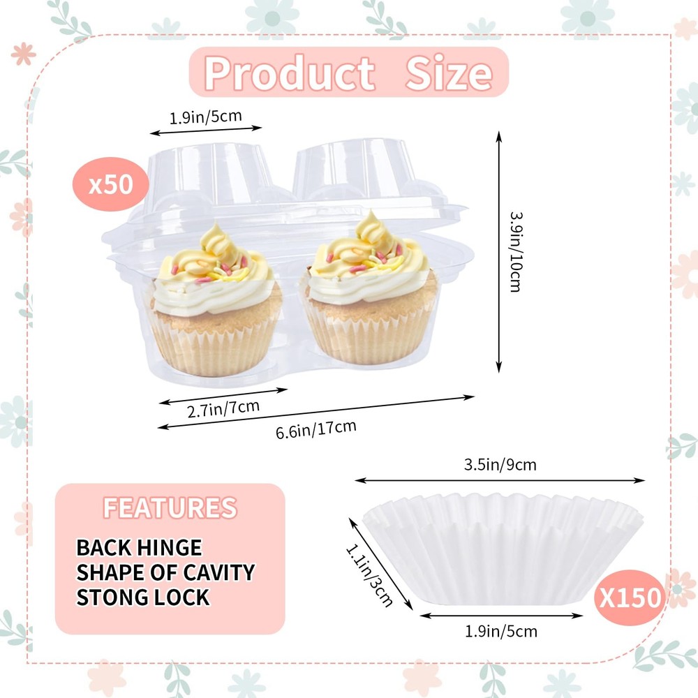 2 Cavity Cupcake Boxes With Lid 50 Pcs Includes 150 Cups Clear Plastic Holder
