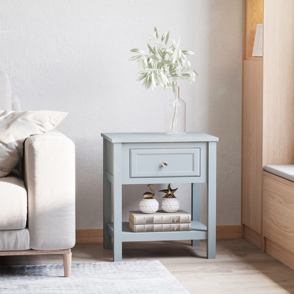 Accent End Table with Grey Tabletop, and Storage Drawer, Grey