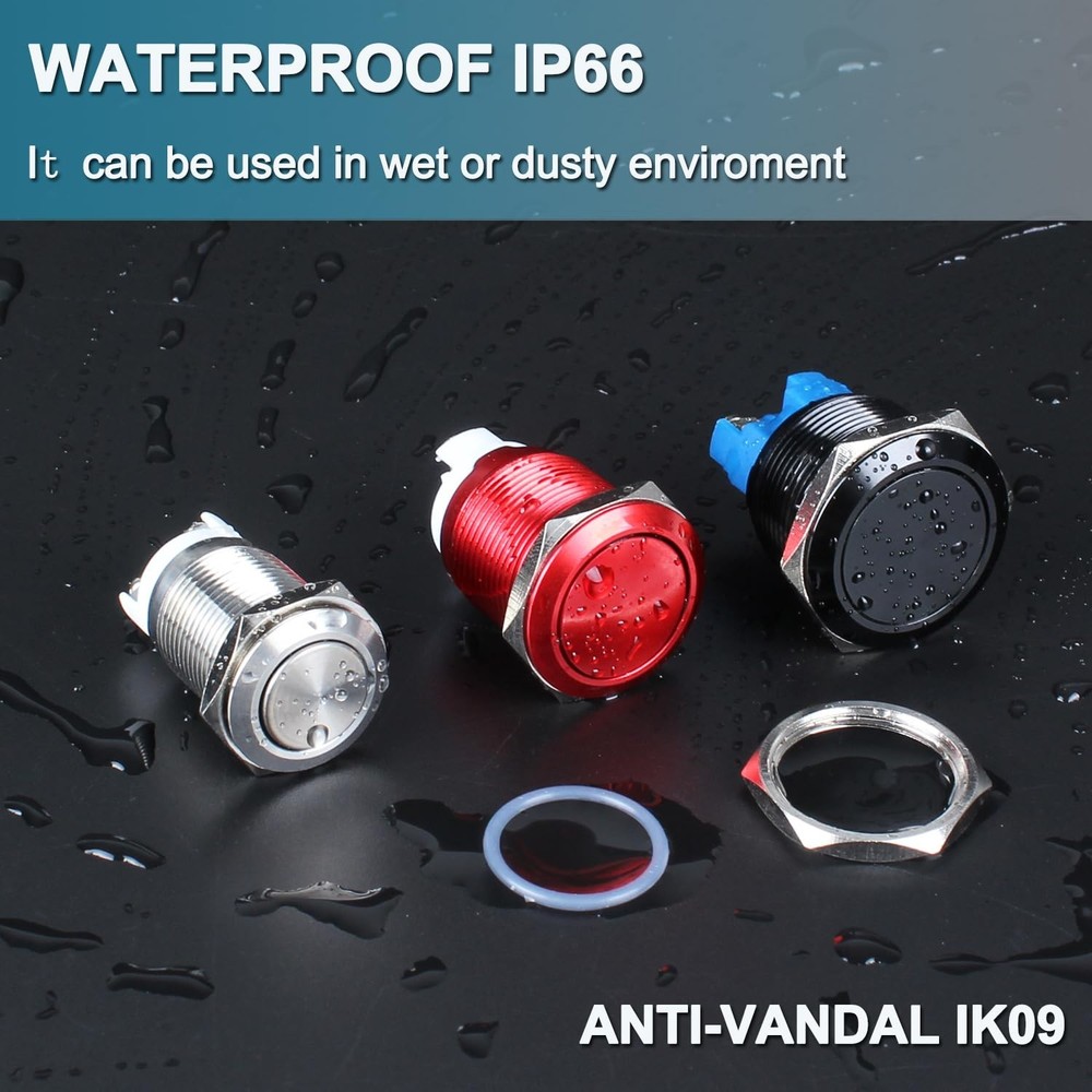 2-Pack 16mm Latching Metal Waterproof Push Button Switch ON-Off 5/8" Mounting...