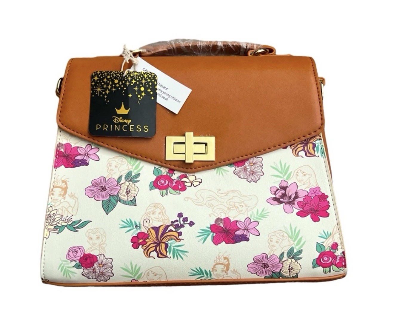 Loungefly Disney Princess Floral Handbag Brown Cream Pink Purple Green Design