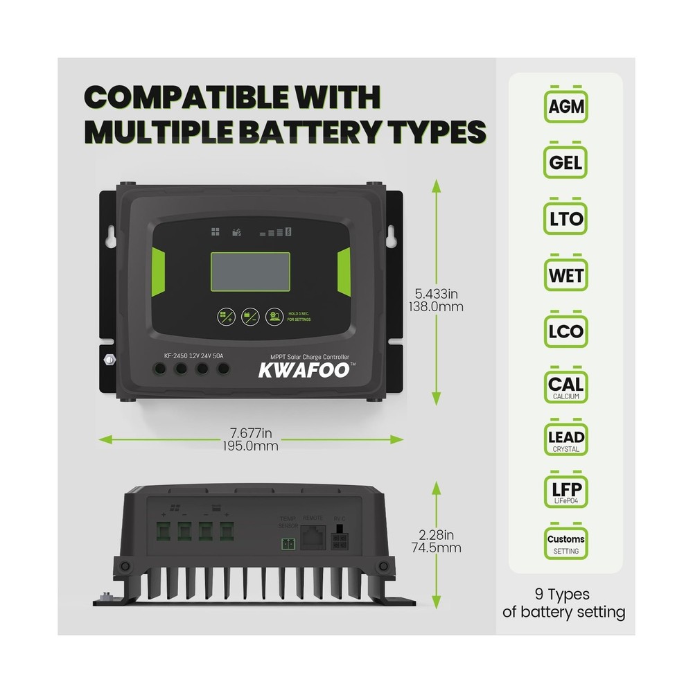 50A MPPT Solar Charge Controller, 12V/24V Auto DC Input, lP43 Waterproof, Bac...